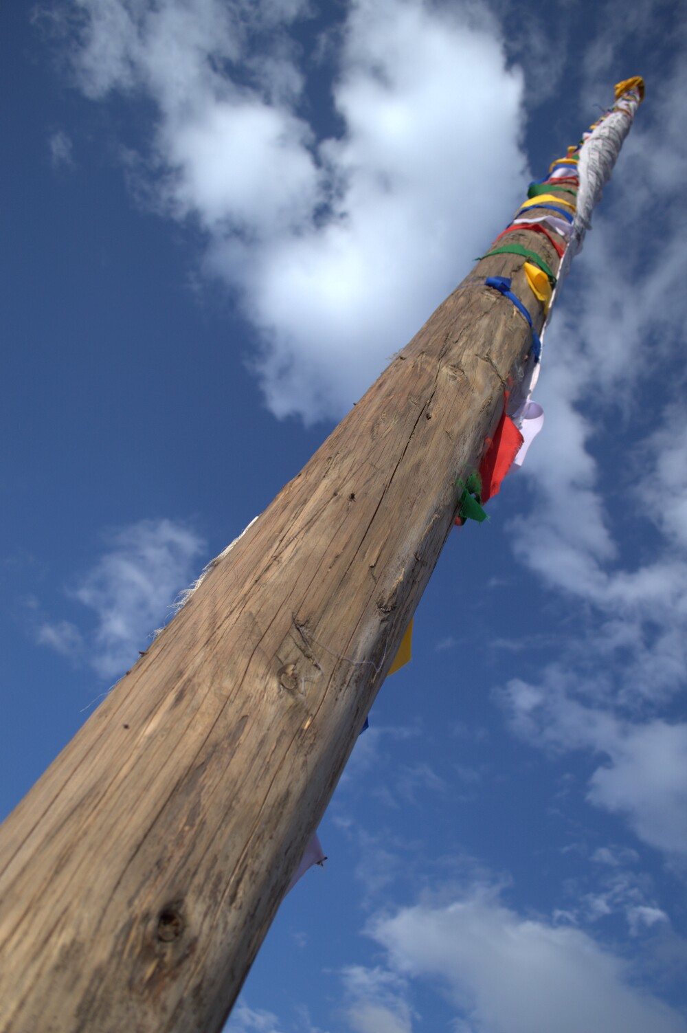 A massive, newly-hoisted prayer flag pole extends into the sky.